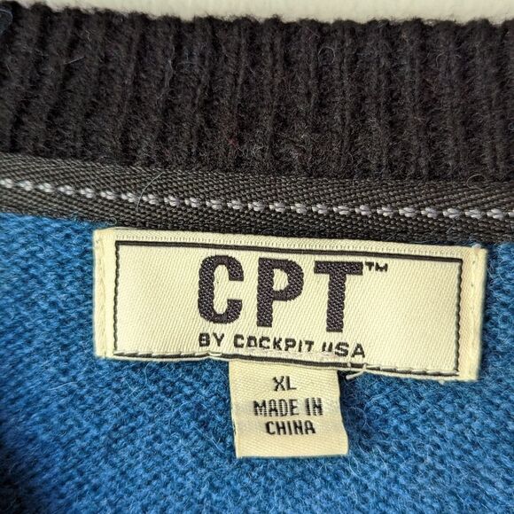 CPT Cockpit USA Retro Style Aviator V Neck‎ Lambswool Blue Pullover Men's sz XL - Picture 9 of 9